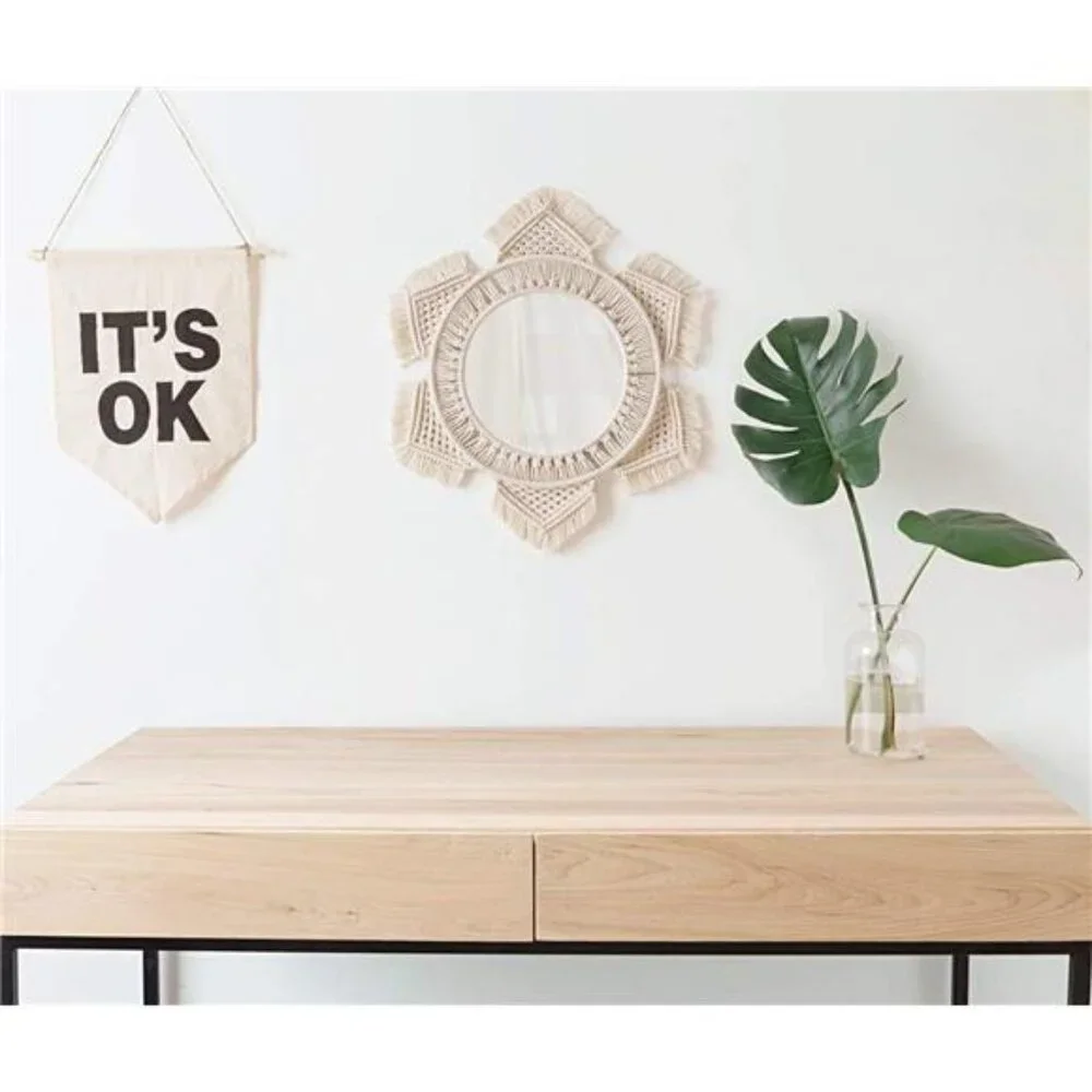 Boho Wall Mirror Decor Round Macrame Hanging Wall Art Decoration for Bedroom
